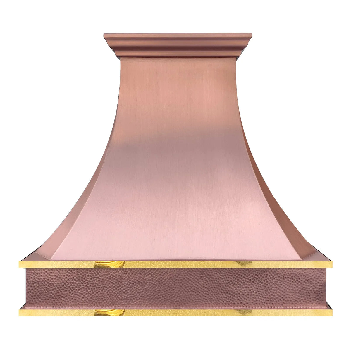 FOBEST Custom copper range hood with brass trim and beehive hammered apron