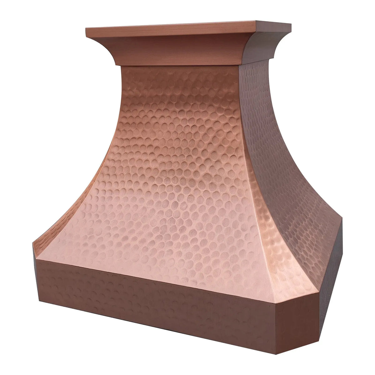 A natural copper kitchen range hood with light hammer texture and a classic curved design.