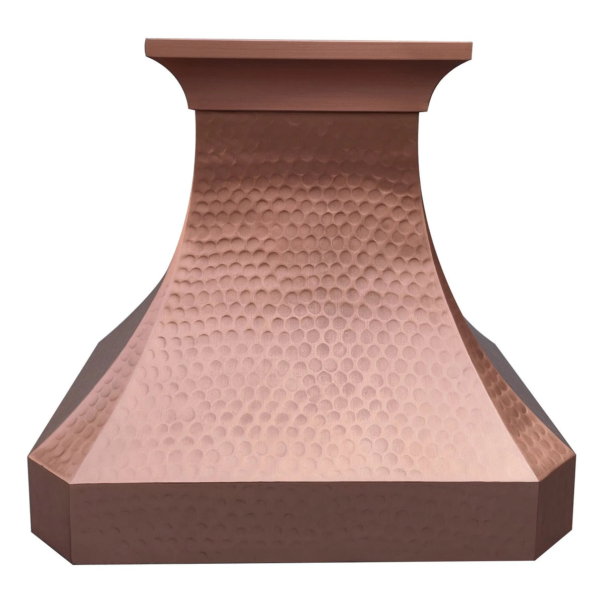 A natural copper range hood with a hammer texture and a classic curved design.