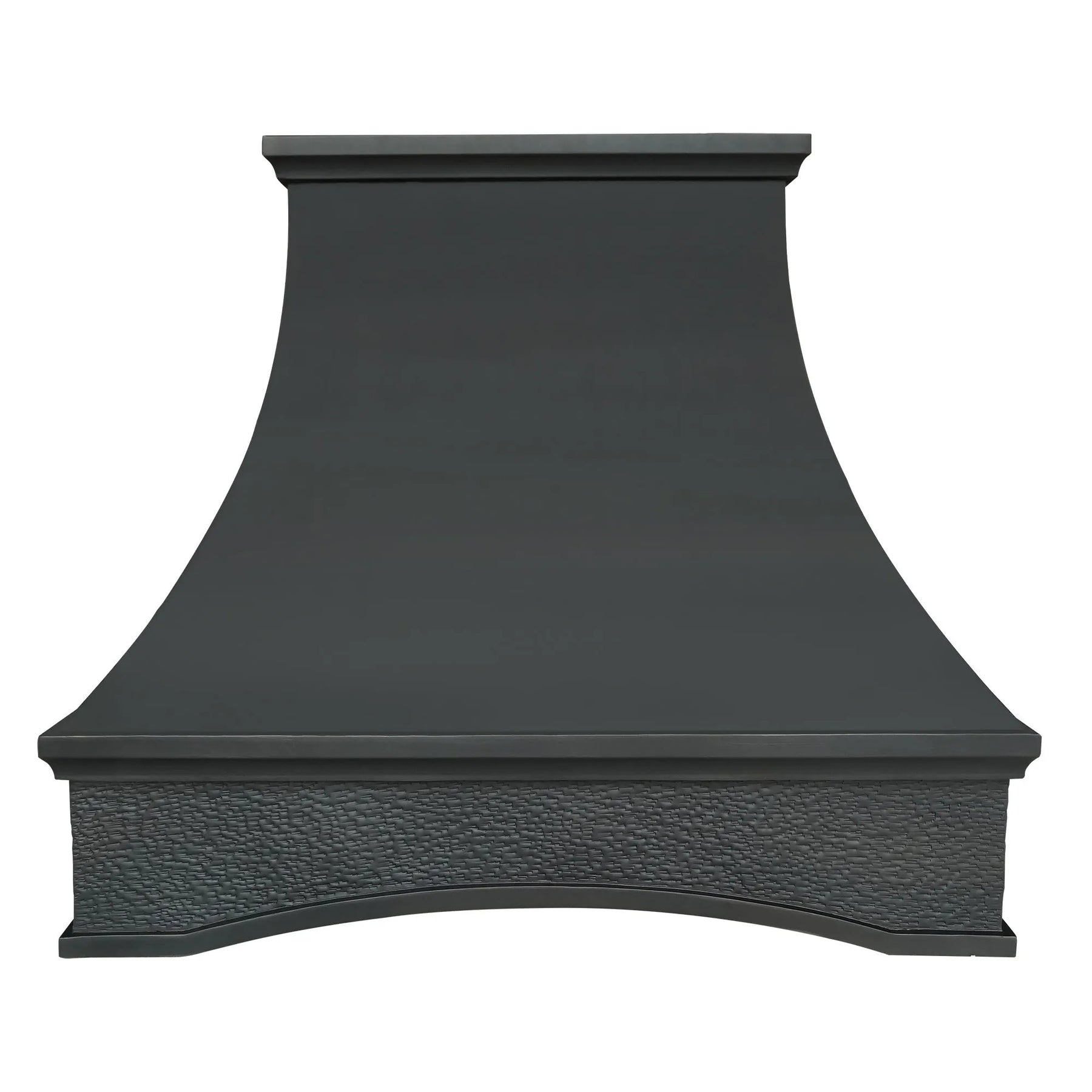 An oil rubbed bronze copper range hood with an arched bottom,smooth body and hammered apron texture.