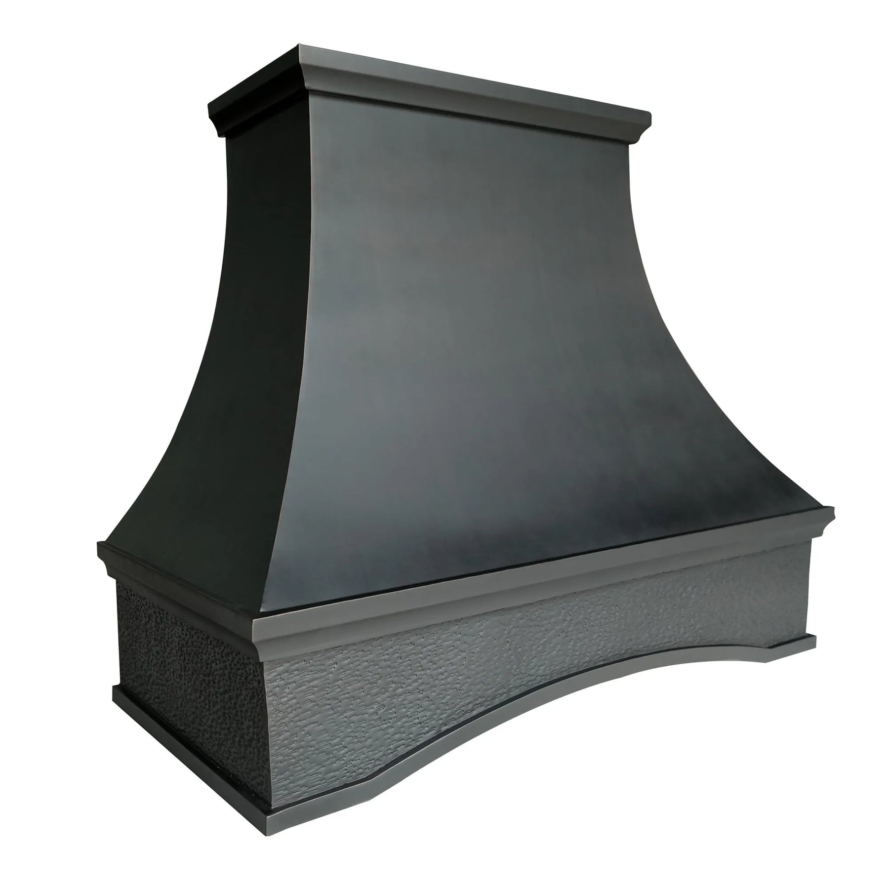 An oil rubbed bronze copper range hood with curved shape and arched apron design.