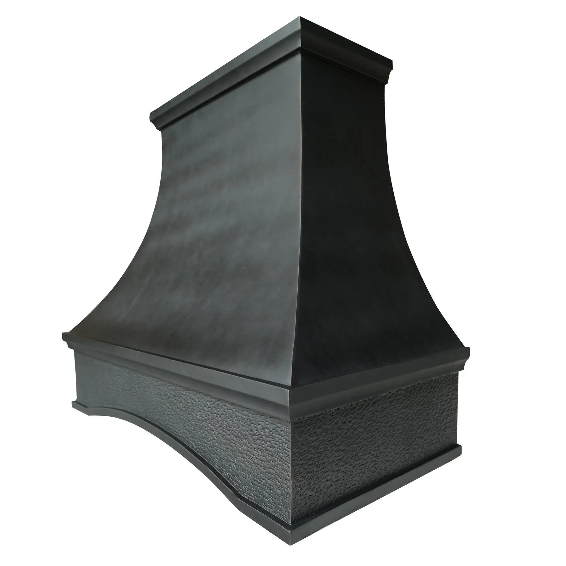 An oil rubbed bronze copper range hood with an arched bottom,handmade brushed texture.