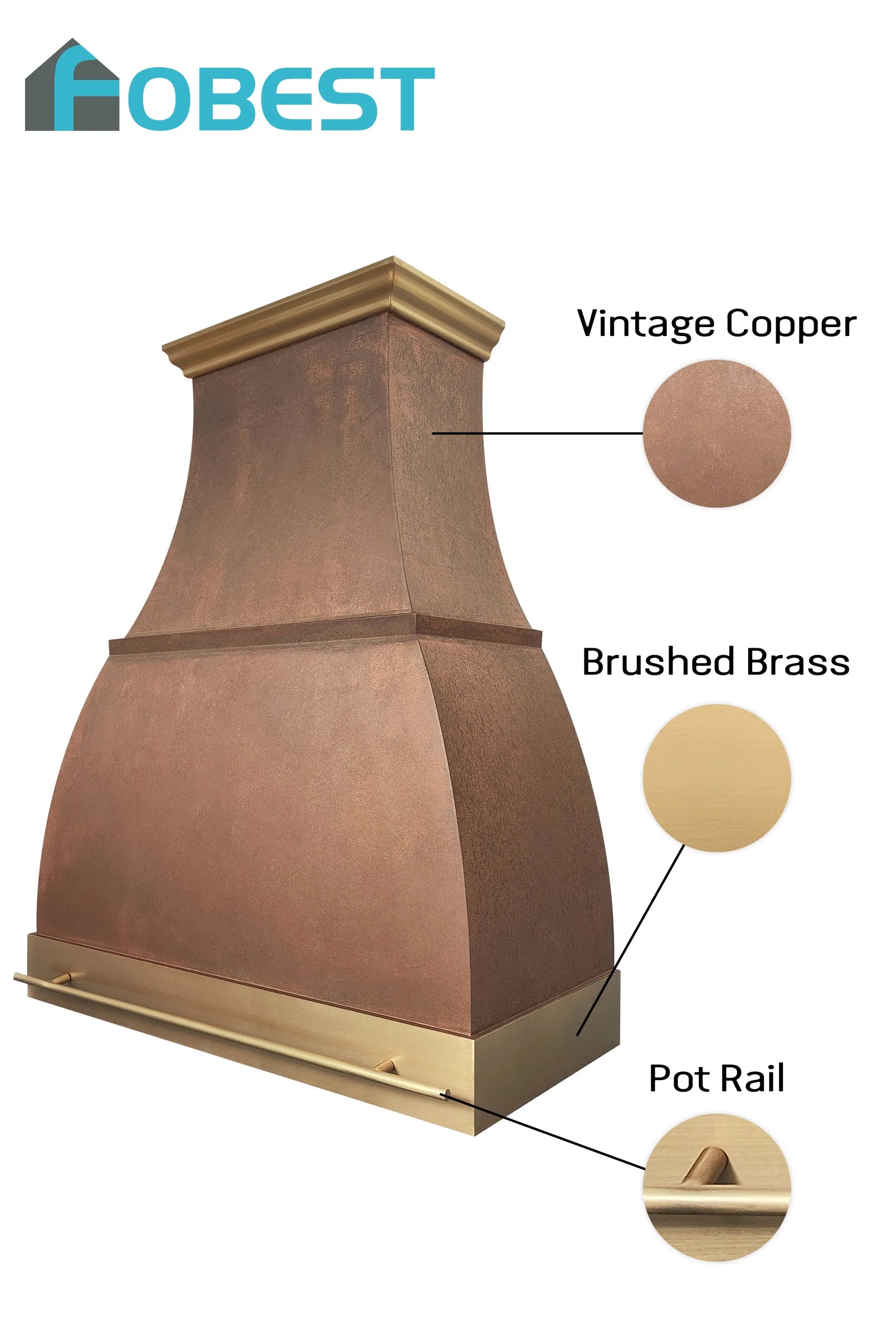 Fobest Patina Copper Hood Vent with Brass Accents-FCP-282-Copper Range Hood-Fobest