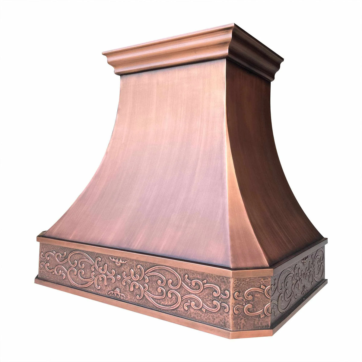 An antique copper range hood with a custom vintage pattern apron design, featuring intricate details and a classic American curved silhouette.