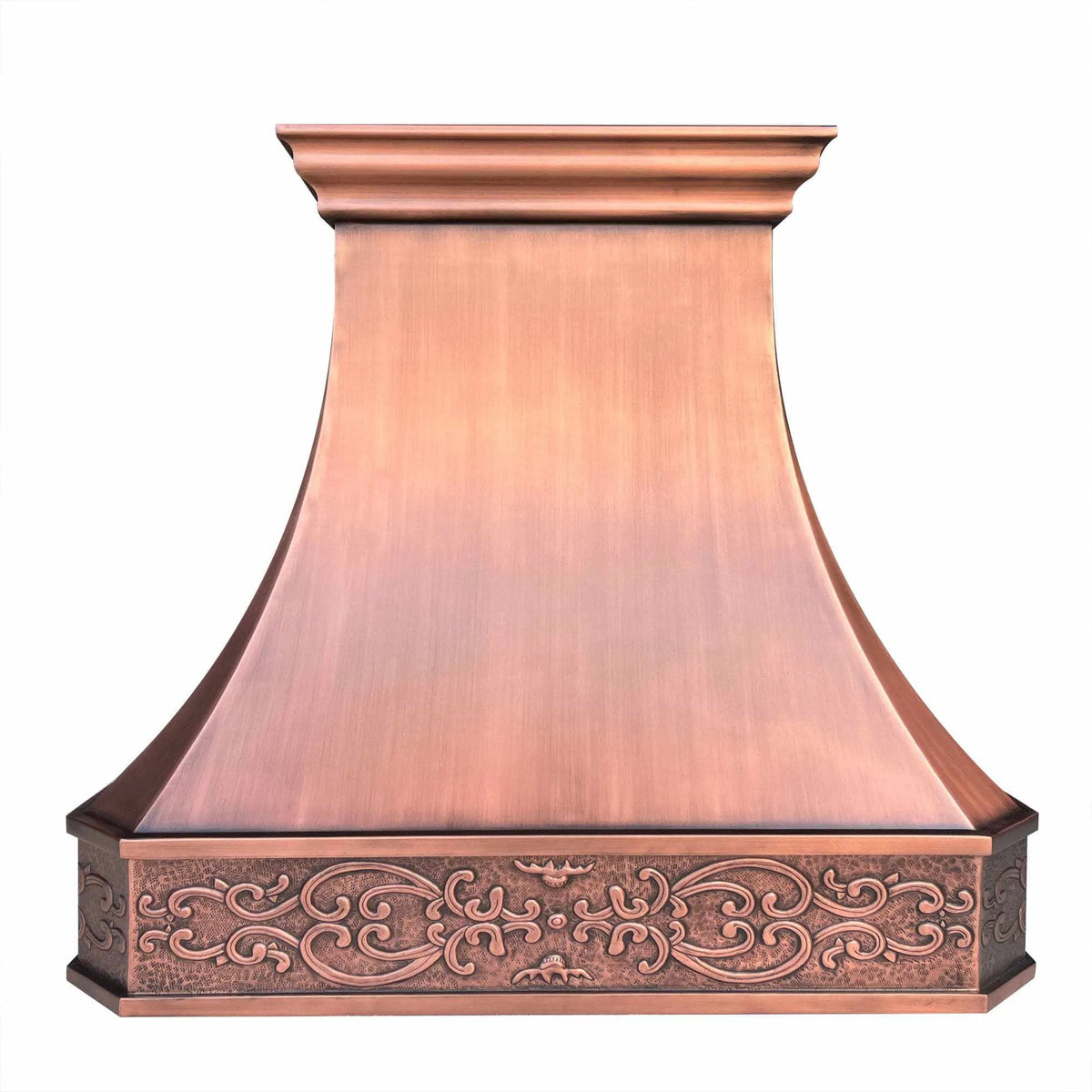 An antique copper range hood with a custom vintage pattern apron design, featuring intricate details and a classic American curved silhouette.