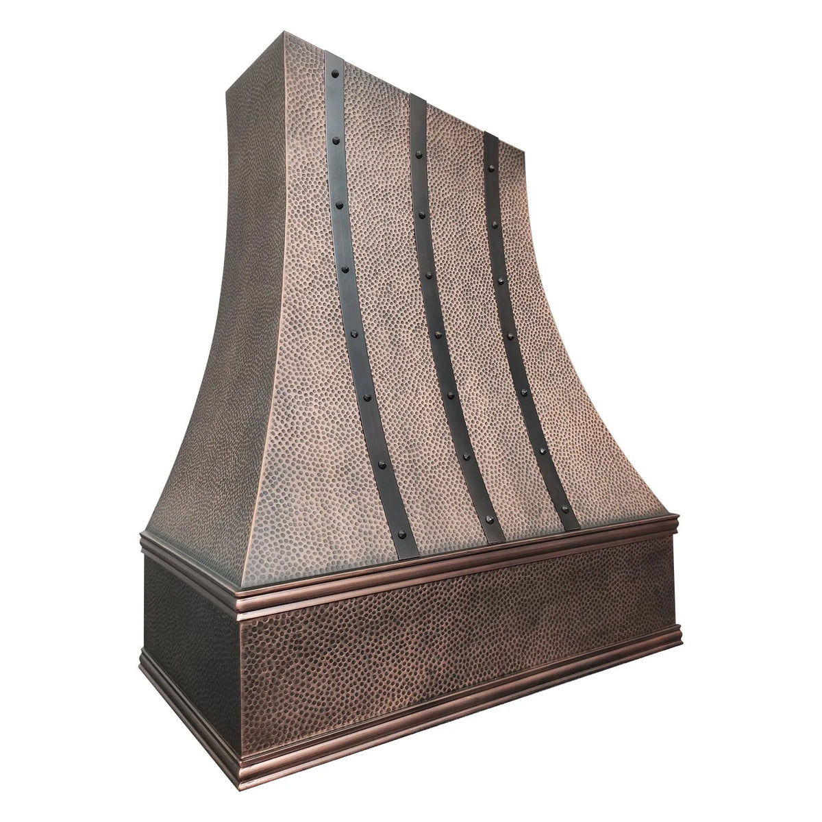 Artisan handcrafted copper kitchen vent hood featuring dark vertical straps and rivets by Fobest
