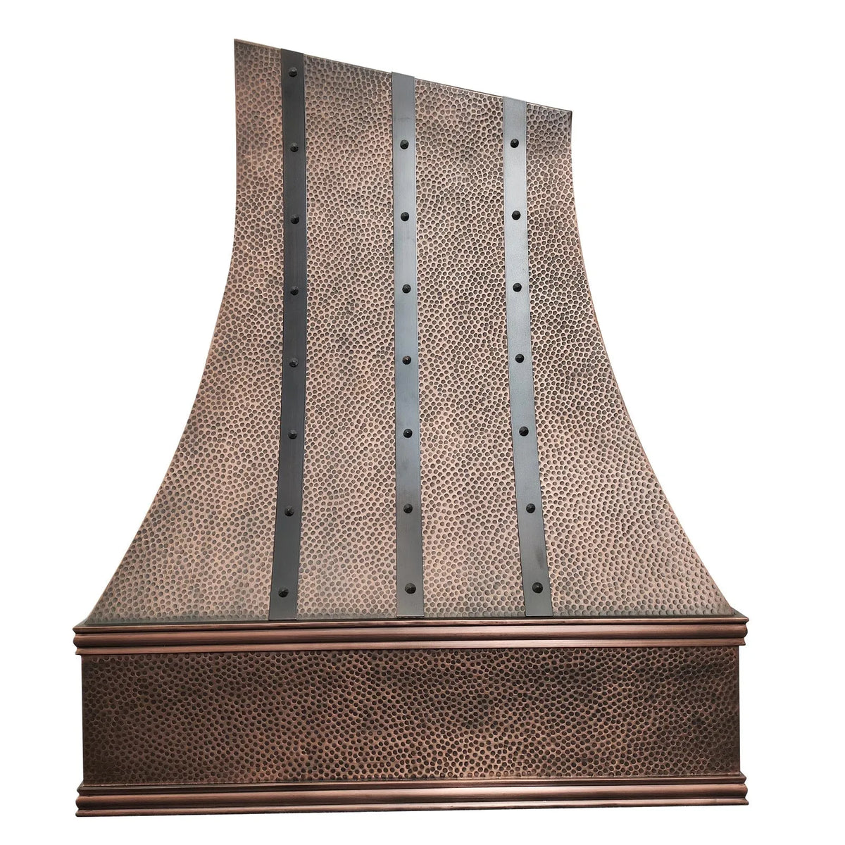 Fobest FCP-274 custom copper range hood with unique asymmetrical slanted top and hand-hammered texture