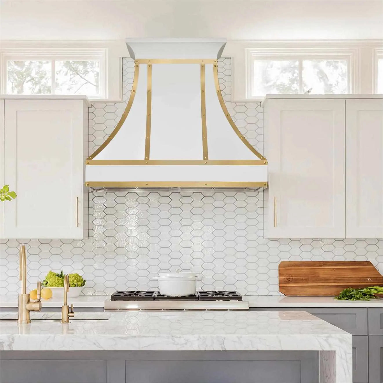 Fobest Stainless Steel Custom White Range Hood with Brass Accents FSS-212-Stainless Steel Range Hood-Fobest