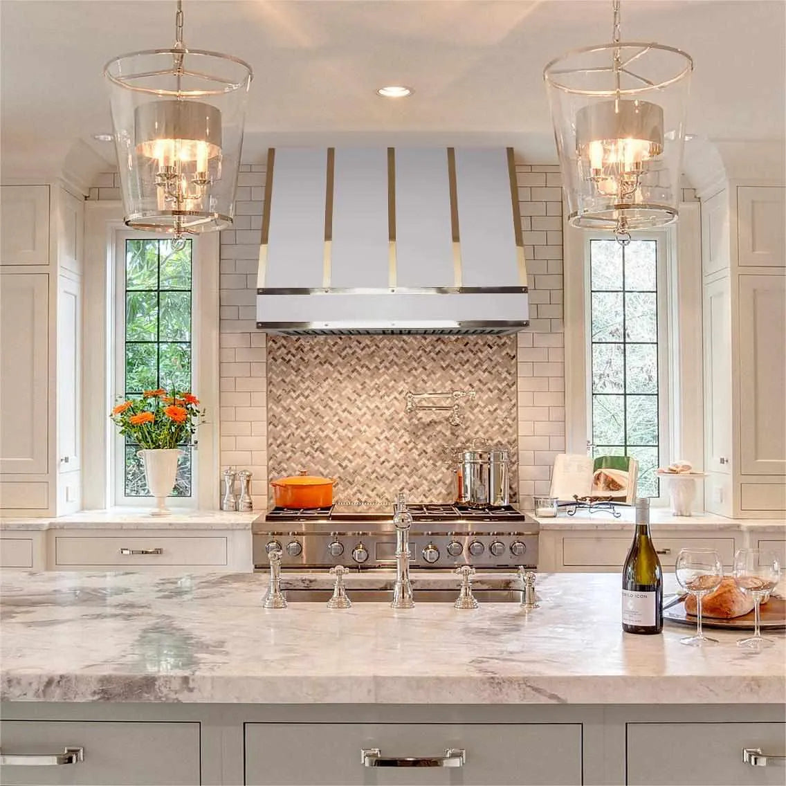 Fobest Stainless Steel White Range Hood with Brass Straps FSS-196-Stainless Steel Range Hood-Fobest