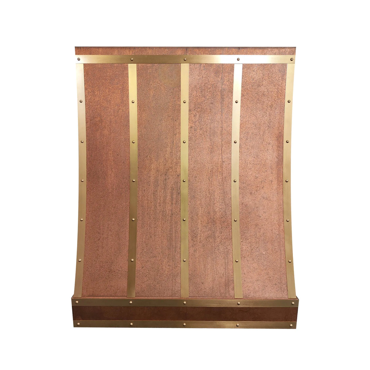 FOBEST Rustic copper range hood with brass trim and Vintage Copper Color Finish.