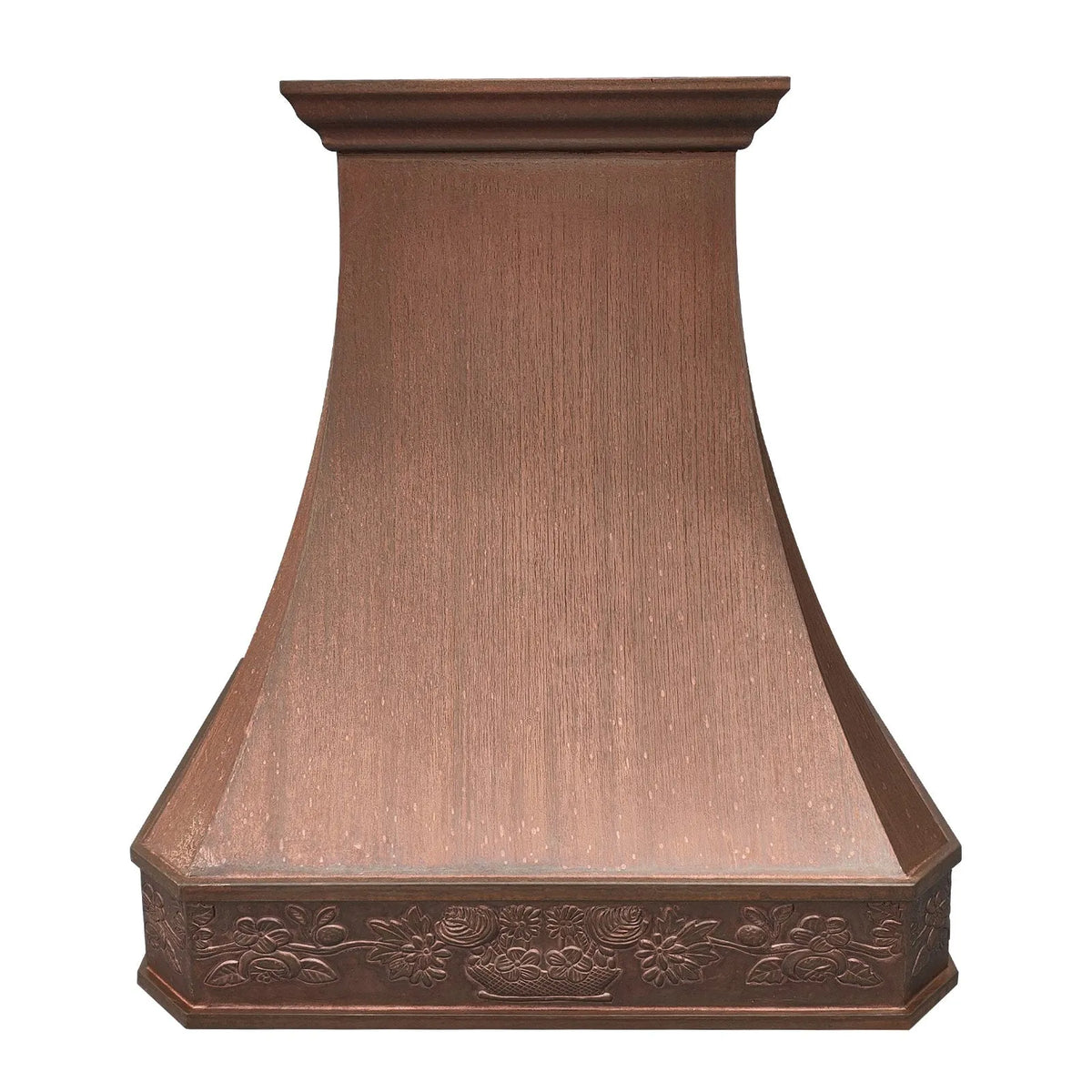 A vintage copper range hood with a custom pattern, featuring a smooth, curved design.