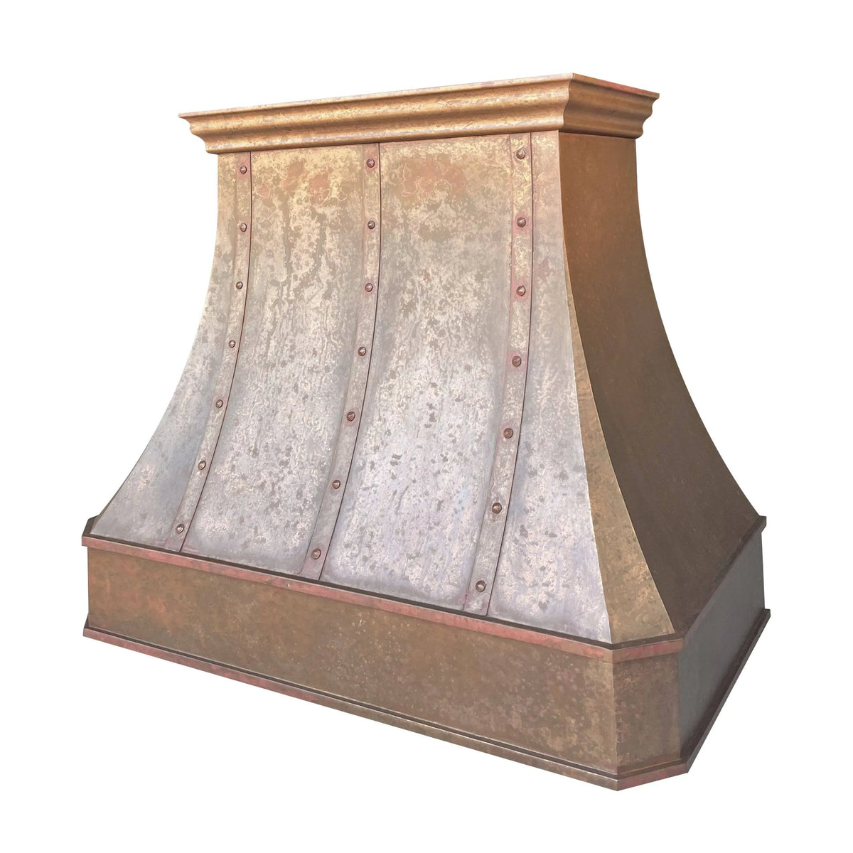 Hand-hammered vintage copper vent hood with natural patina finish, artisan texture, and sculptural curved silhouette