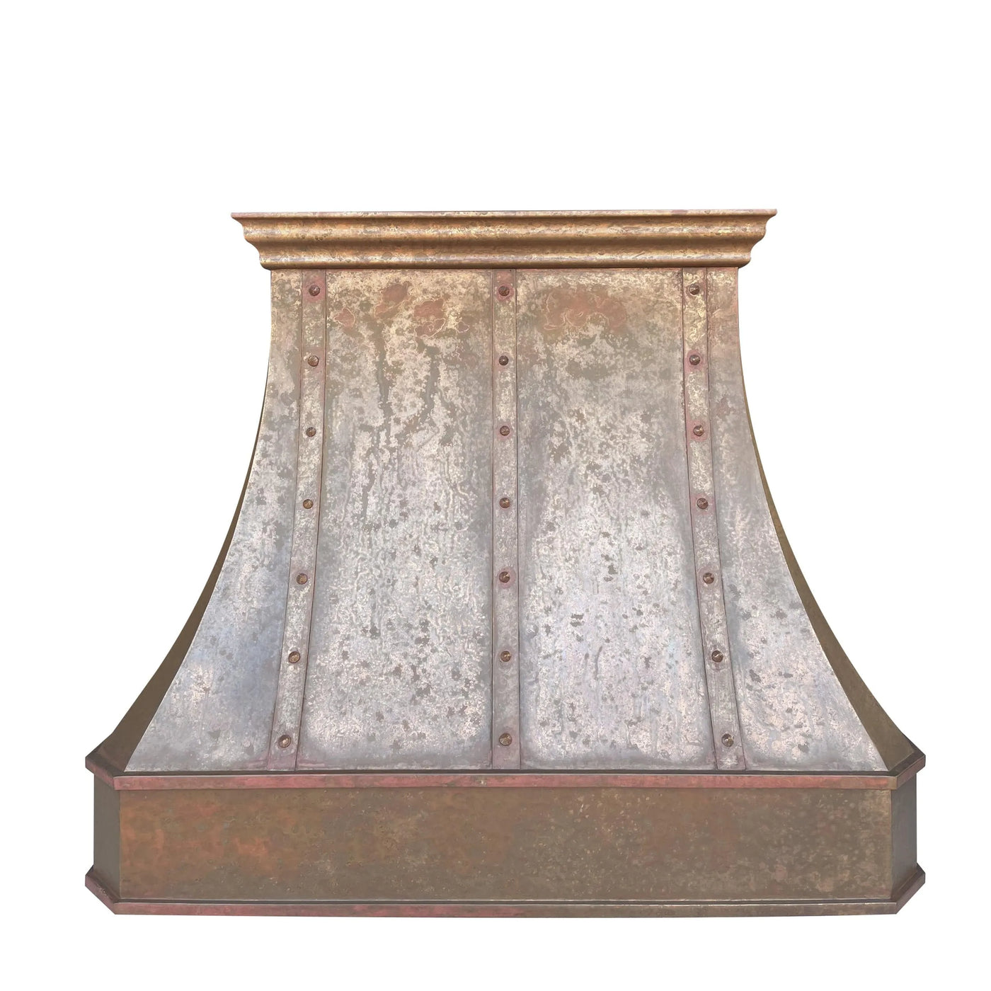 A vintage copper range hood with a weathered appearance and rivets along the seams.