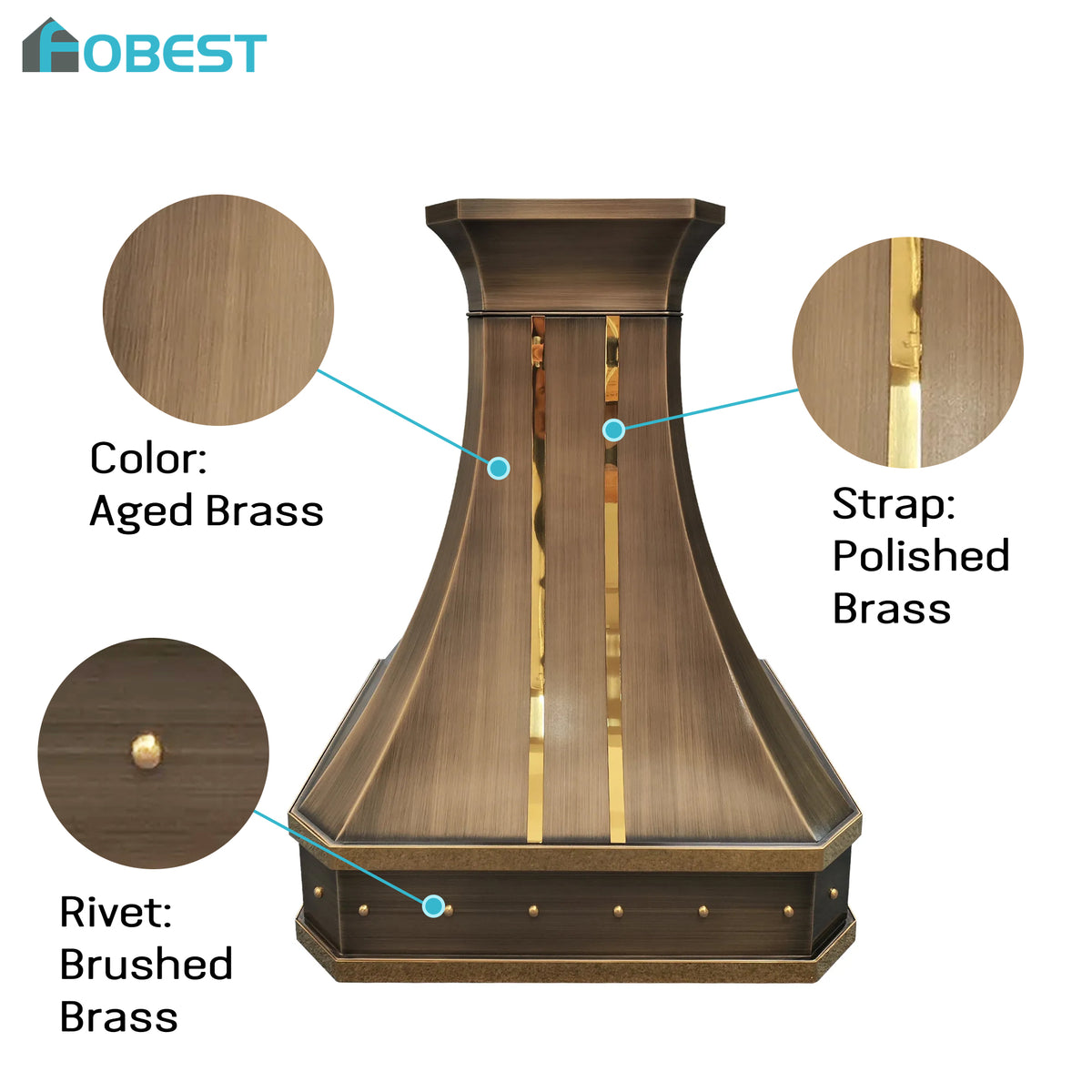 Fobest Aged Brass Range Hood with Gold Straps FSS-452