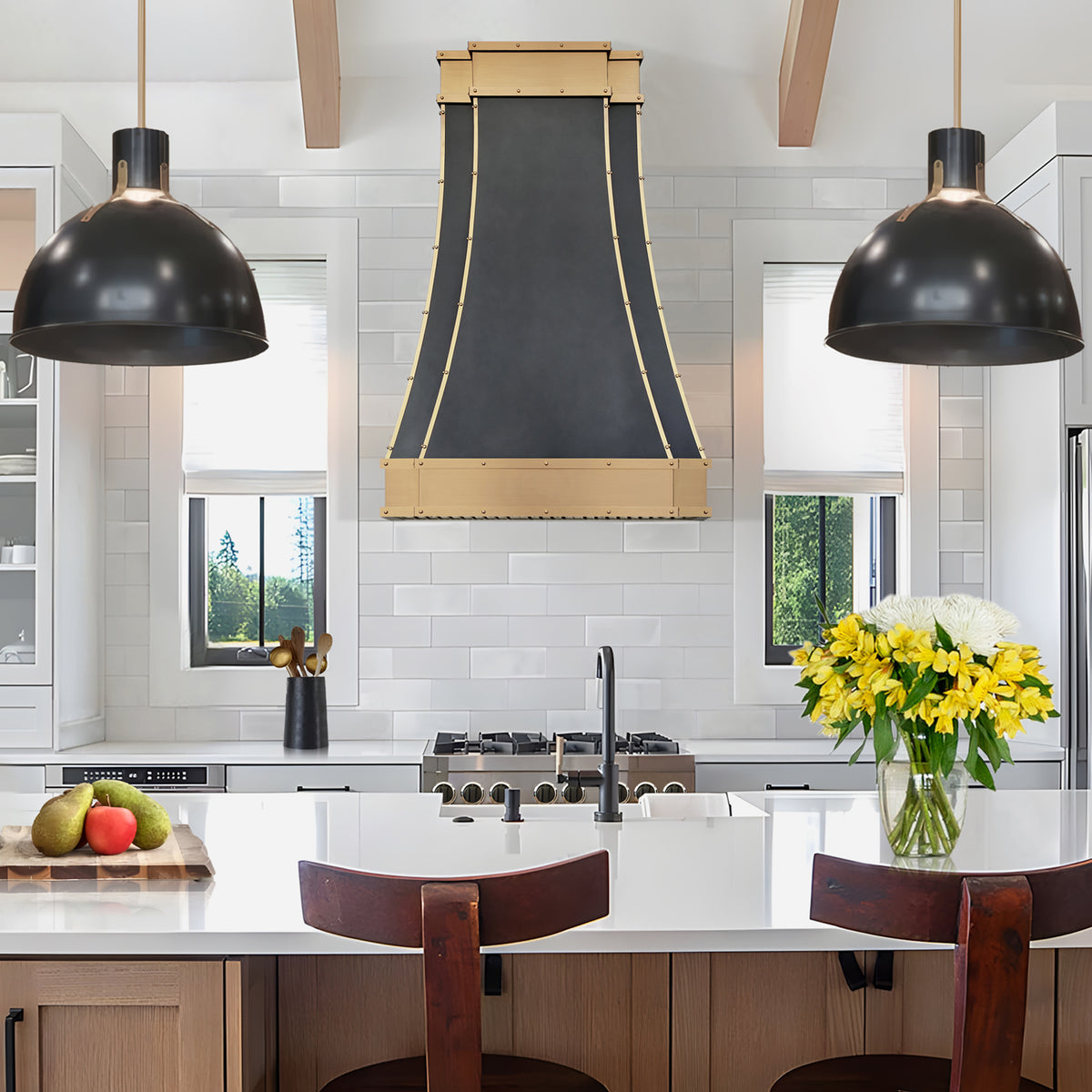 Fobest Black Stainless Steel Kitchen Hood with Brushed Brass Bands FSS-490