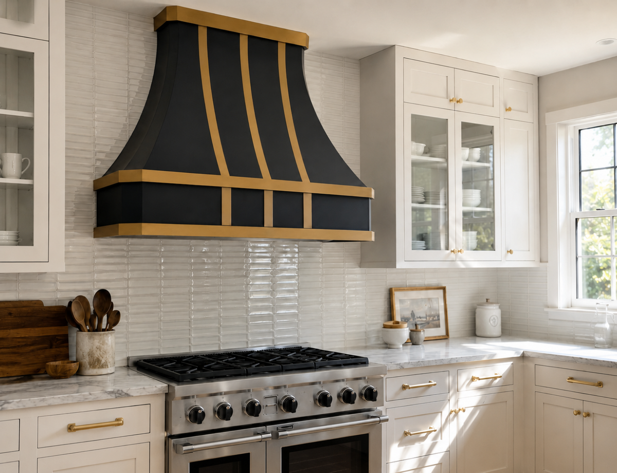 Fobest Black Stove Hood with Brass Straps – FSS-447