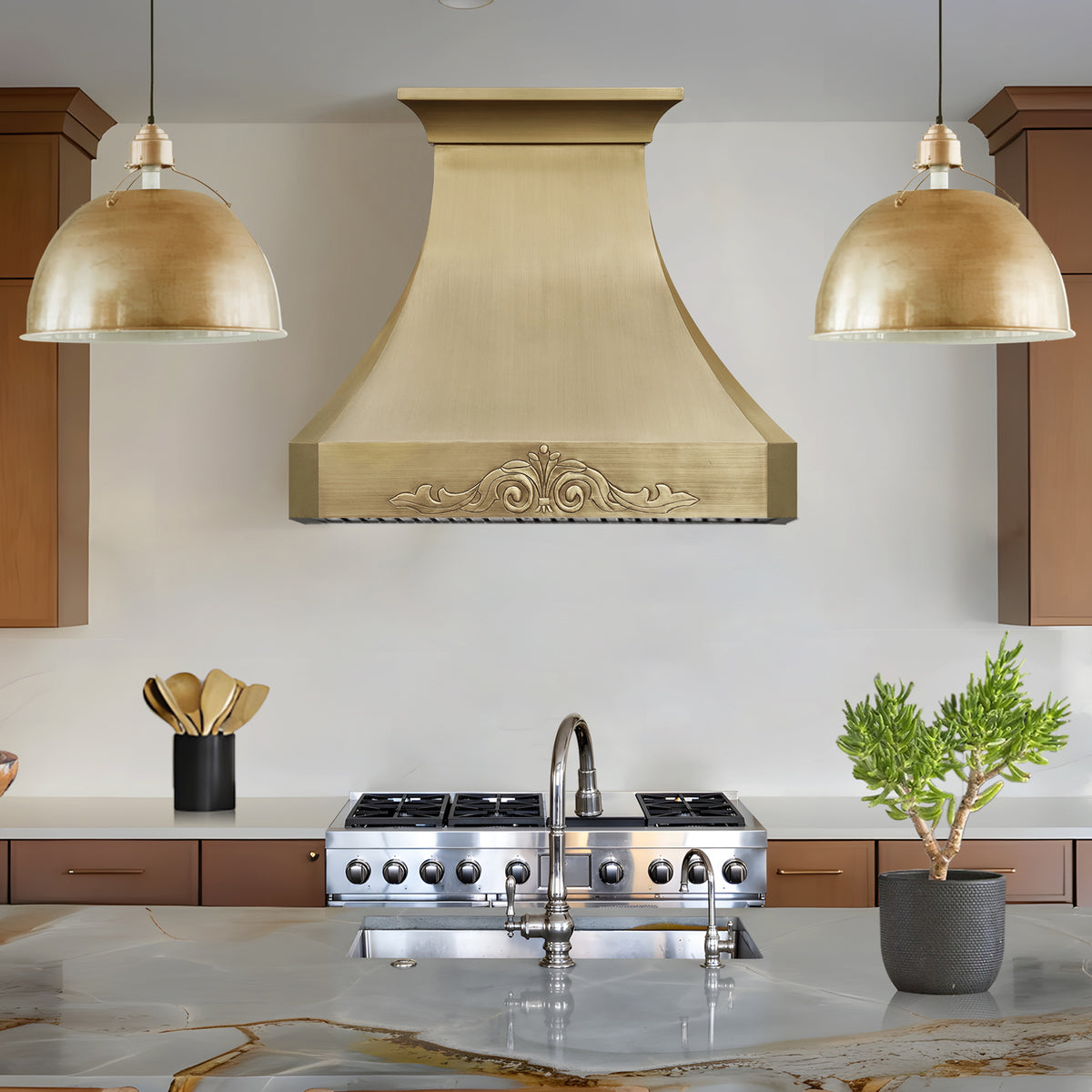 Fobest Brushed Brass Range Hood with Decorative Apron FSS-488