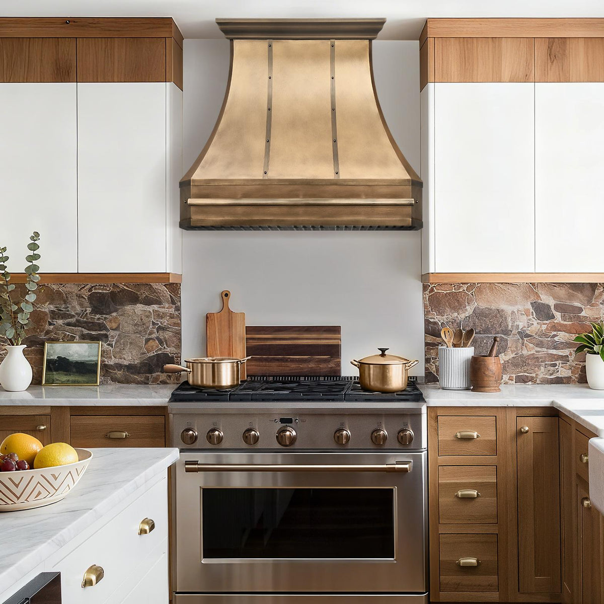 Fobest Chicago Aged Brass Stove Hoods with Riveted Accents FSS-496