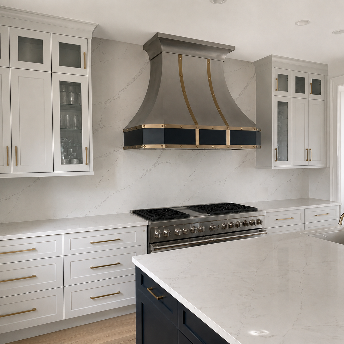 Fobest Curved Brushed Stainless Steel Range Hood with Black & Aged Brass Accents FSS-594