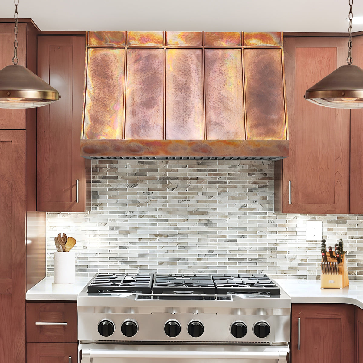 Fobest Custom Artisan Hammered Fire Copper Range Hood with Sloped Design FCP-352
