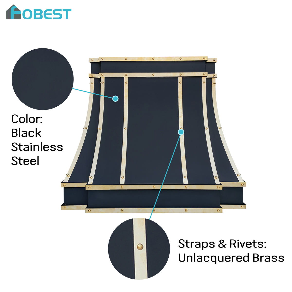 Fobest Custom Black Stainless Steel Range Hood with Unlacquered Brass Strap FSS-605