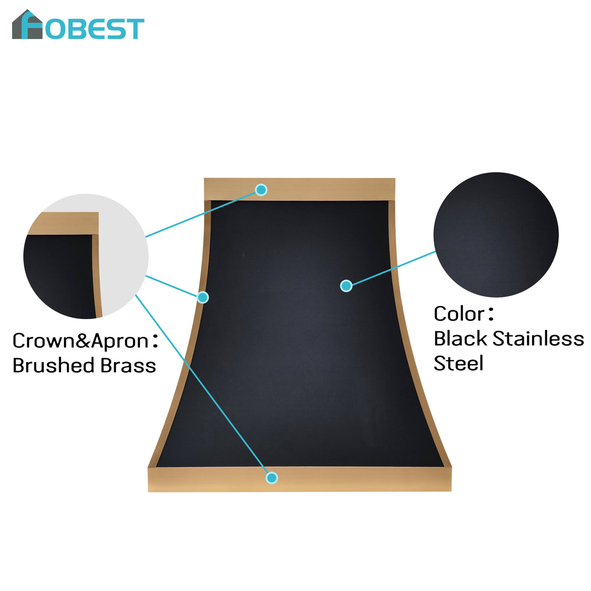 Fobest Custom Black Stainless Steel Range Hood with Brushed Brass Accents FSS-619