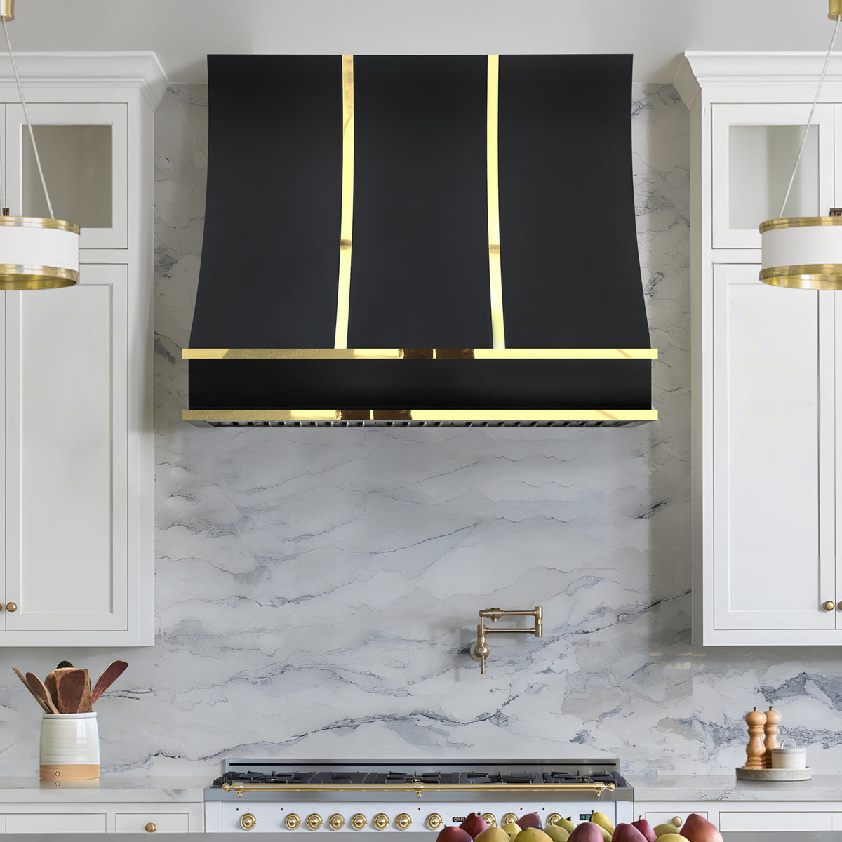 Fobest Custom Black Stainless Steel Range Hood with Polished Brass Accents FSS-612