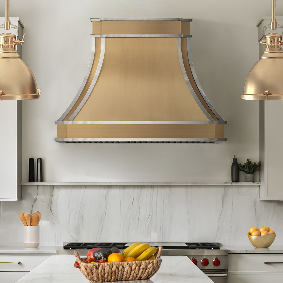 Fobest Custom Brass Range Hood with Polished Strap Accents FSS-548