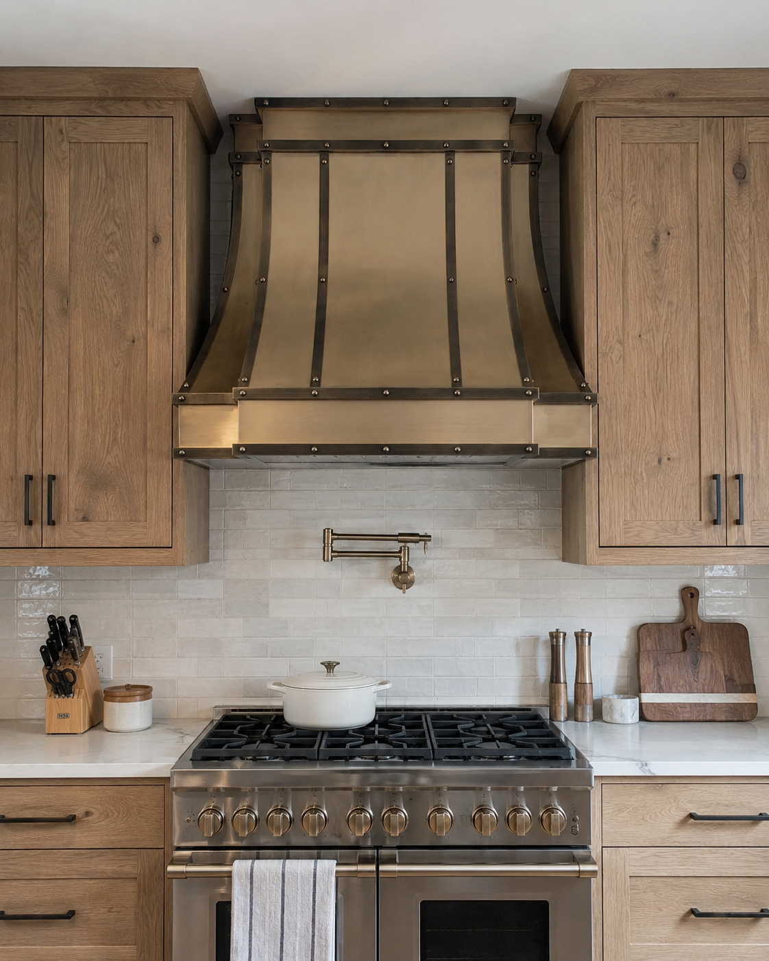 Fobest Custom Brass Vent Hood with Dark Rivet Straps FSS-434