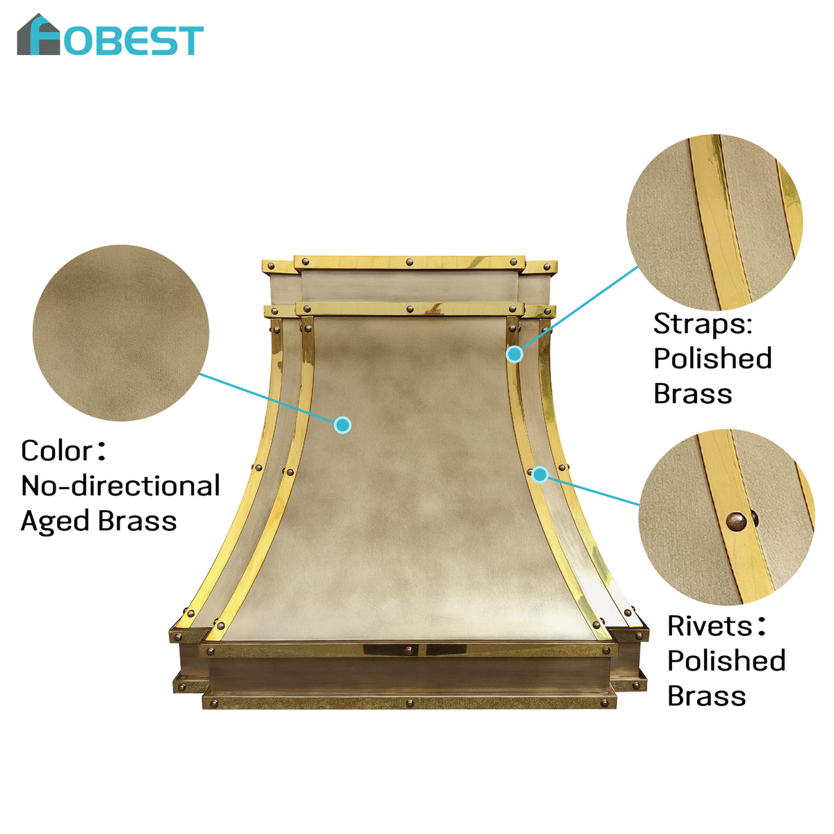 Fobest Custom California Brass Range Hood with Polished Brass Strap Details FSS-606