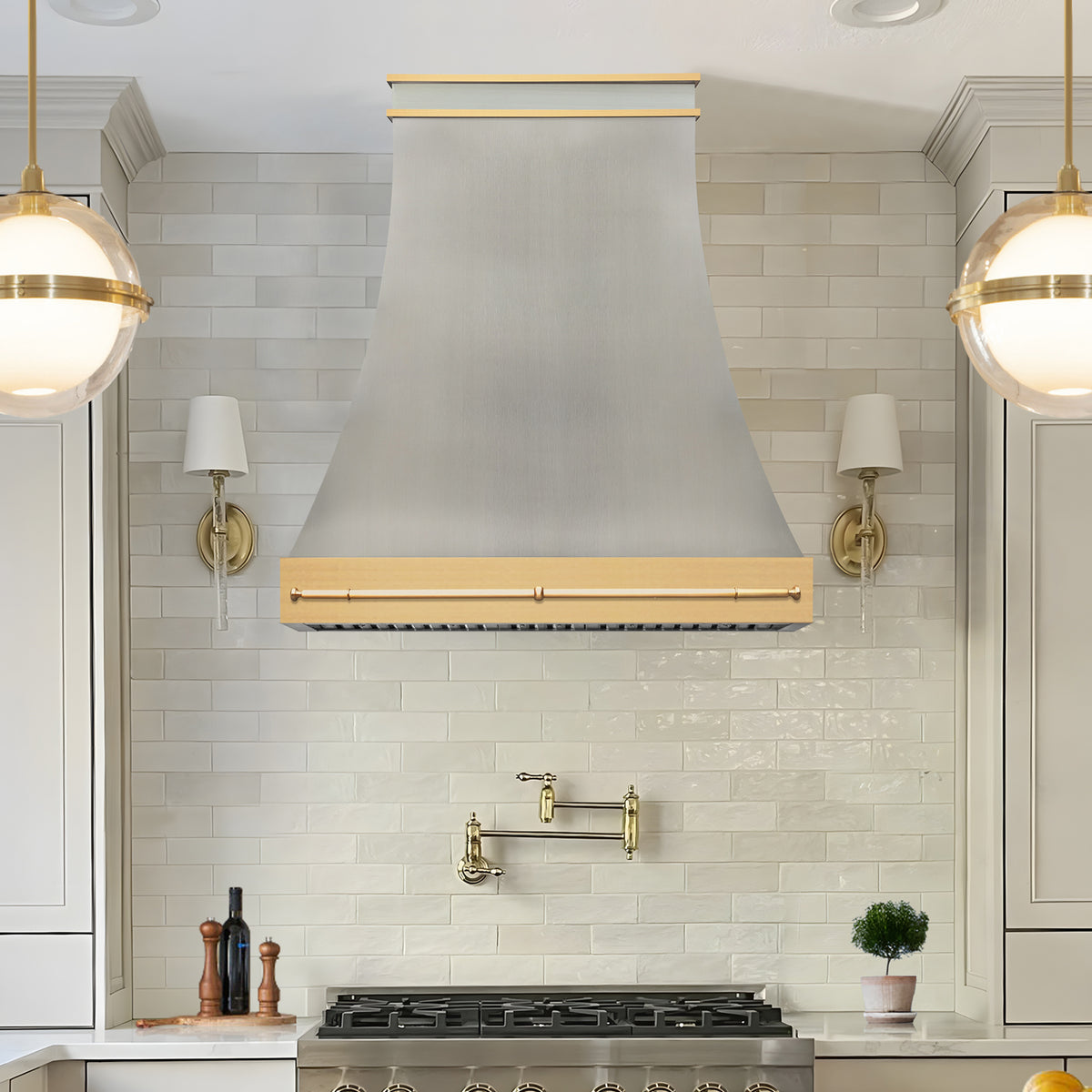 Fobest Custom Classic Range Hood in Brushed Stainless Steel with Brass Accents FSS-591