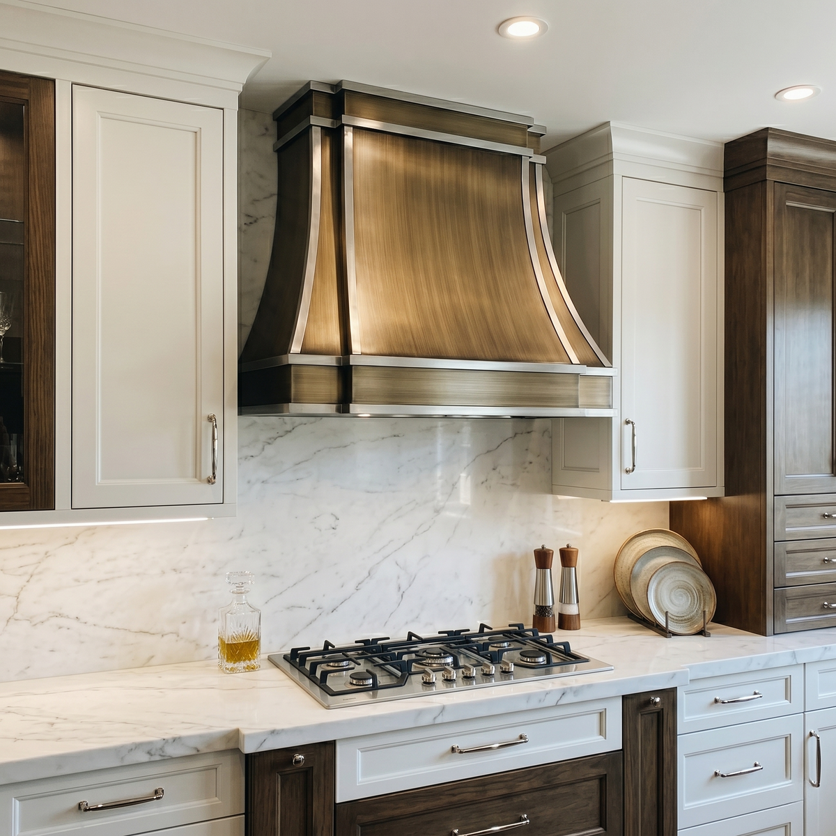 Fobest Custom Curved Aged Brass Range Hood with Brushed Stainless Steel Straps FSS-586