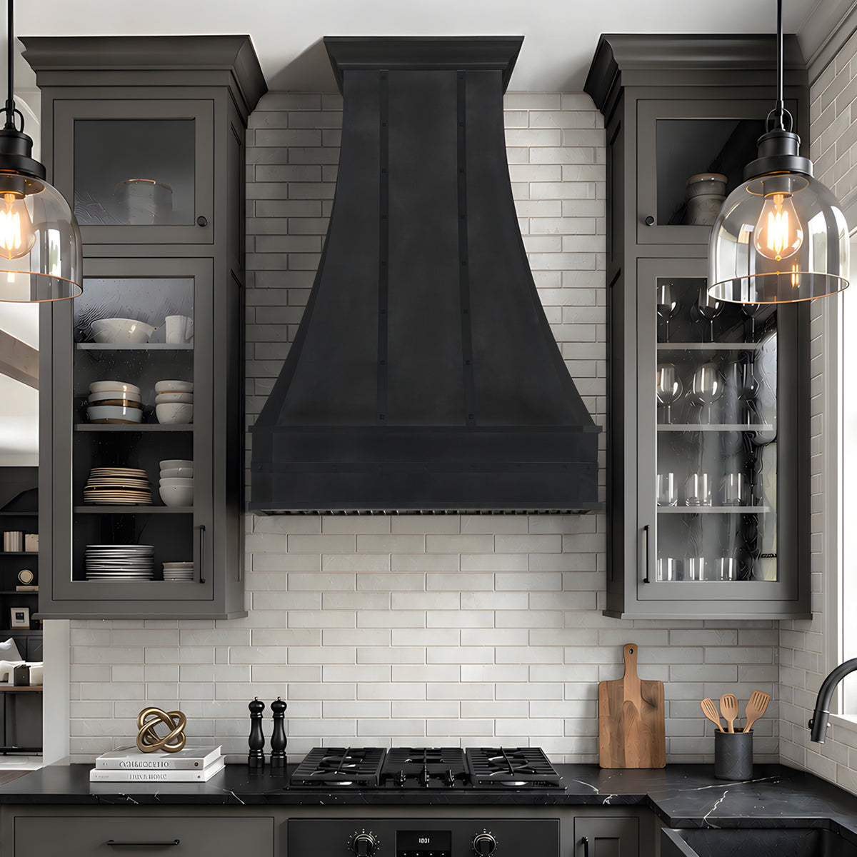 Fobest Custom Dark Zinc Range Hood with Black Stainless Steel Accents FSS-668