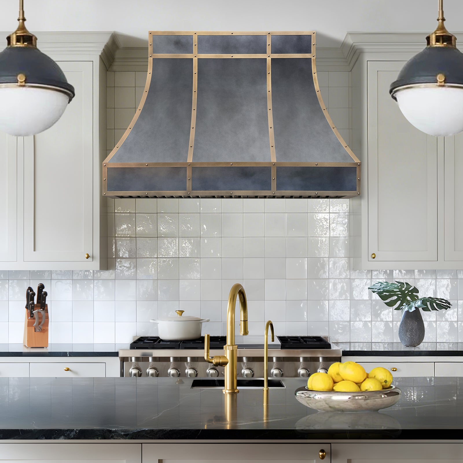 Fobest Custom Dark Zinc Range Hood with Brass Trim for Modern Kitchens