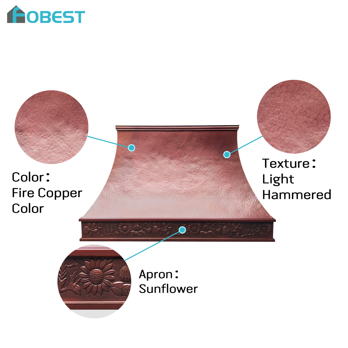 Fobest Custom Fire Copper Range Hood with Hammered Texture & Sculpted Curved Crown FCP-356
