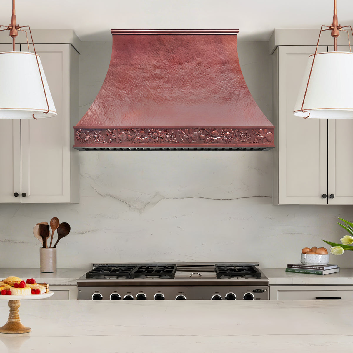 Fobest Custom Fire Copper Range Hood with Hammered Texture & Sculpted Curved Crown FCP-356