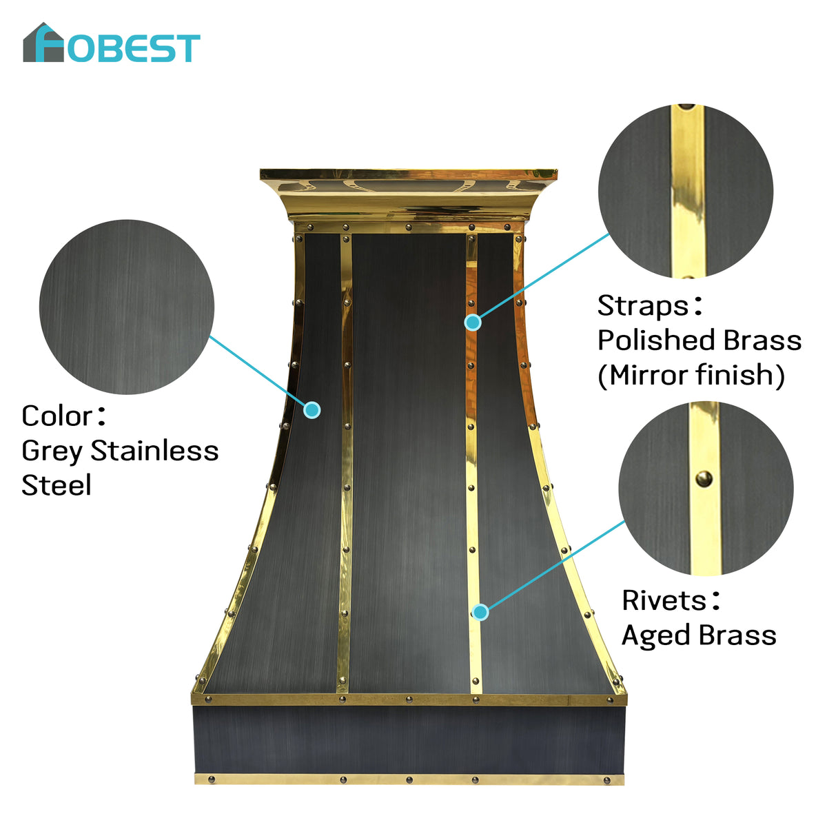 Fobest Custom Grey Stainless Steel Range Hood with Polished Brass Accents FSS-640