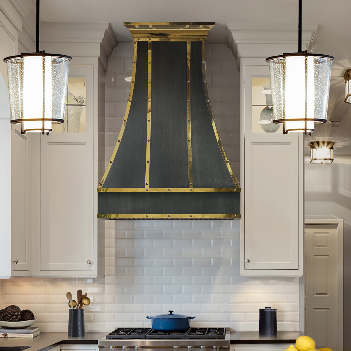 Fobest Custom Grey Stainless Steel Range Hood with Polished Brass Accents FSS-640