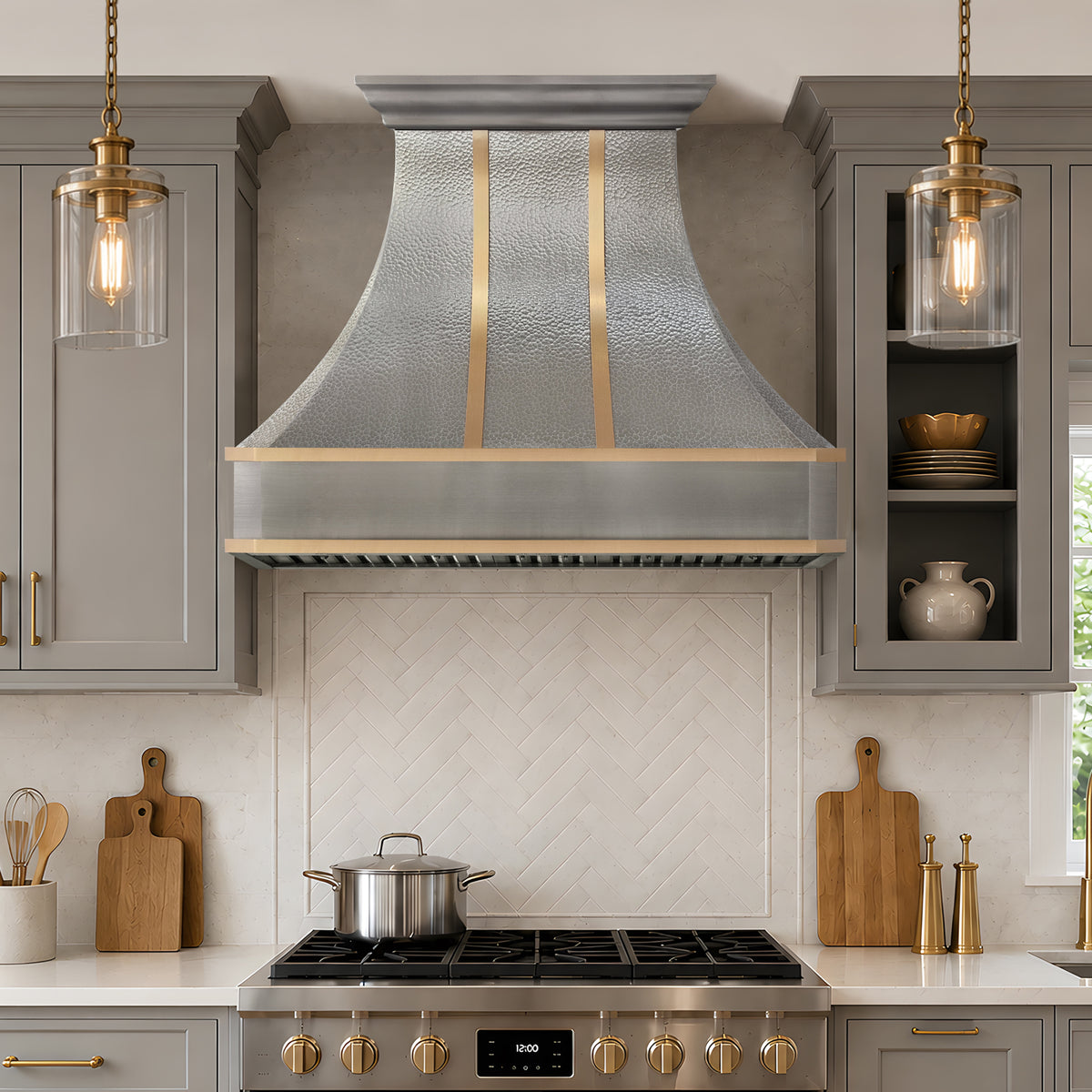 Fobest Custom Hammered Stainless Steel Range Hood with Brass Decor FSS-672