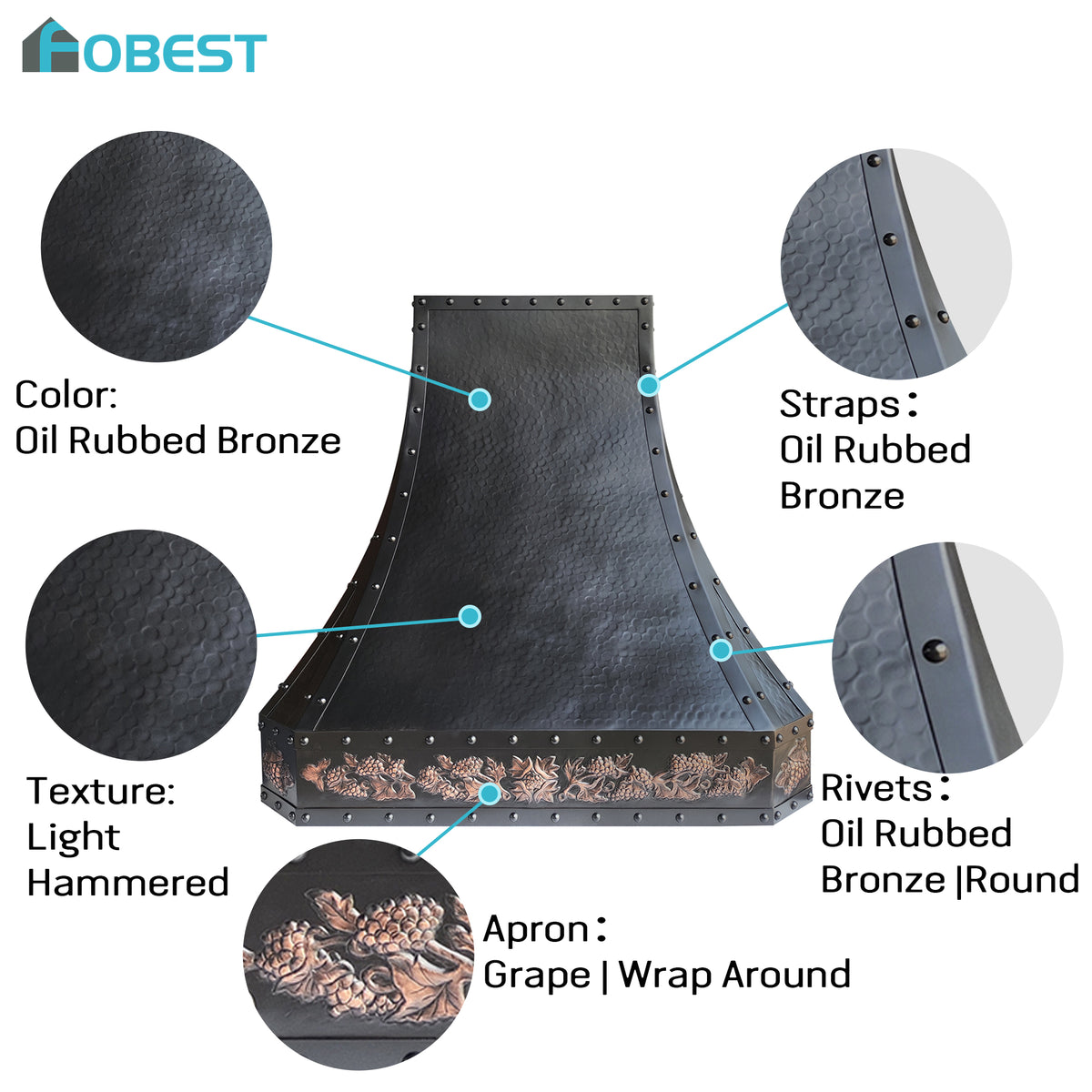 Fobest Custom Handmade Copper Range Hood in Oil Rubbed Bronze with Hand-Carved Apron FCP-362