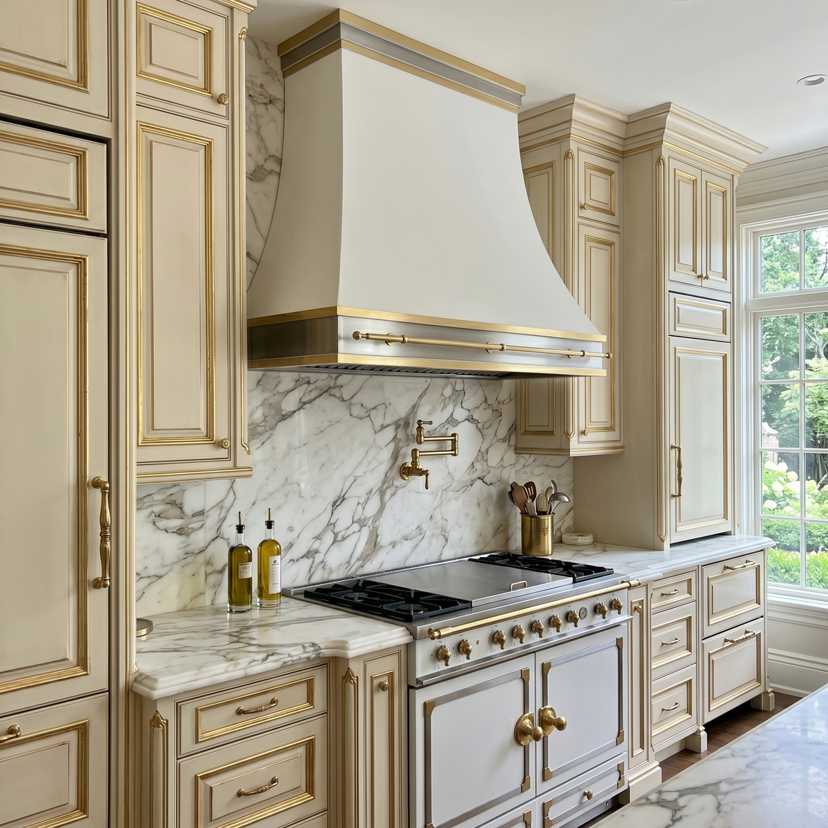 Fobest Custom Matte White Stainless Steel Range Hood with Brushed Brass Pot Rail FSS-571