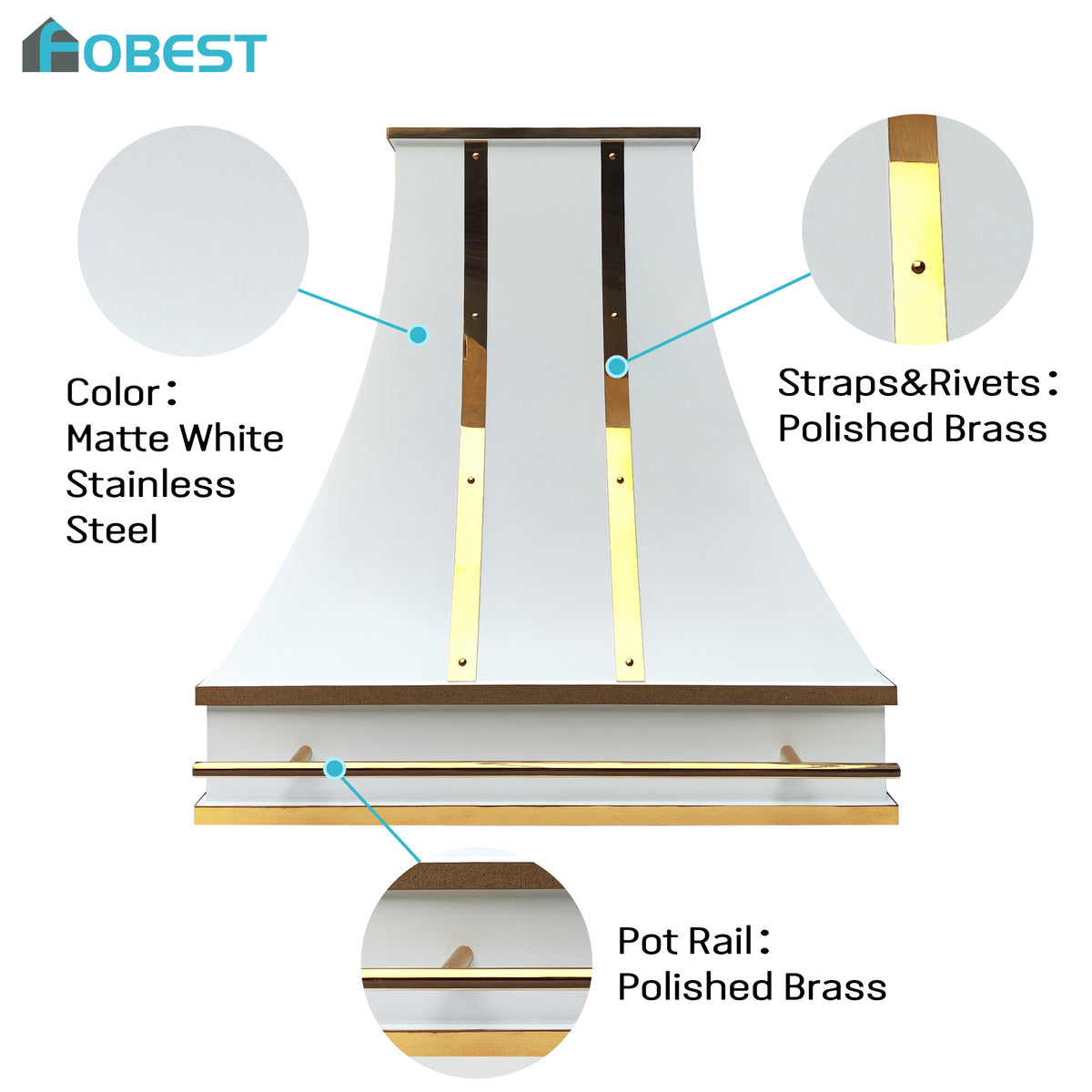 Fobest Custom Matte White Stainless Steel Range Hood with Polished Brass Decor FSS-622