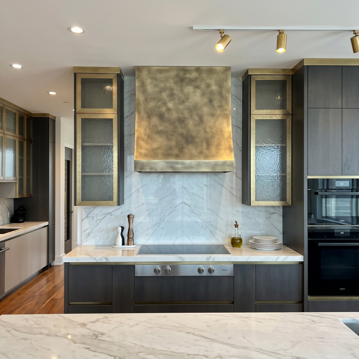 Fobest Custom No-Directional Aged Brass Range Hood in Curved Square Design FSS-572