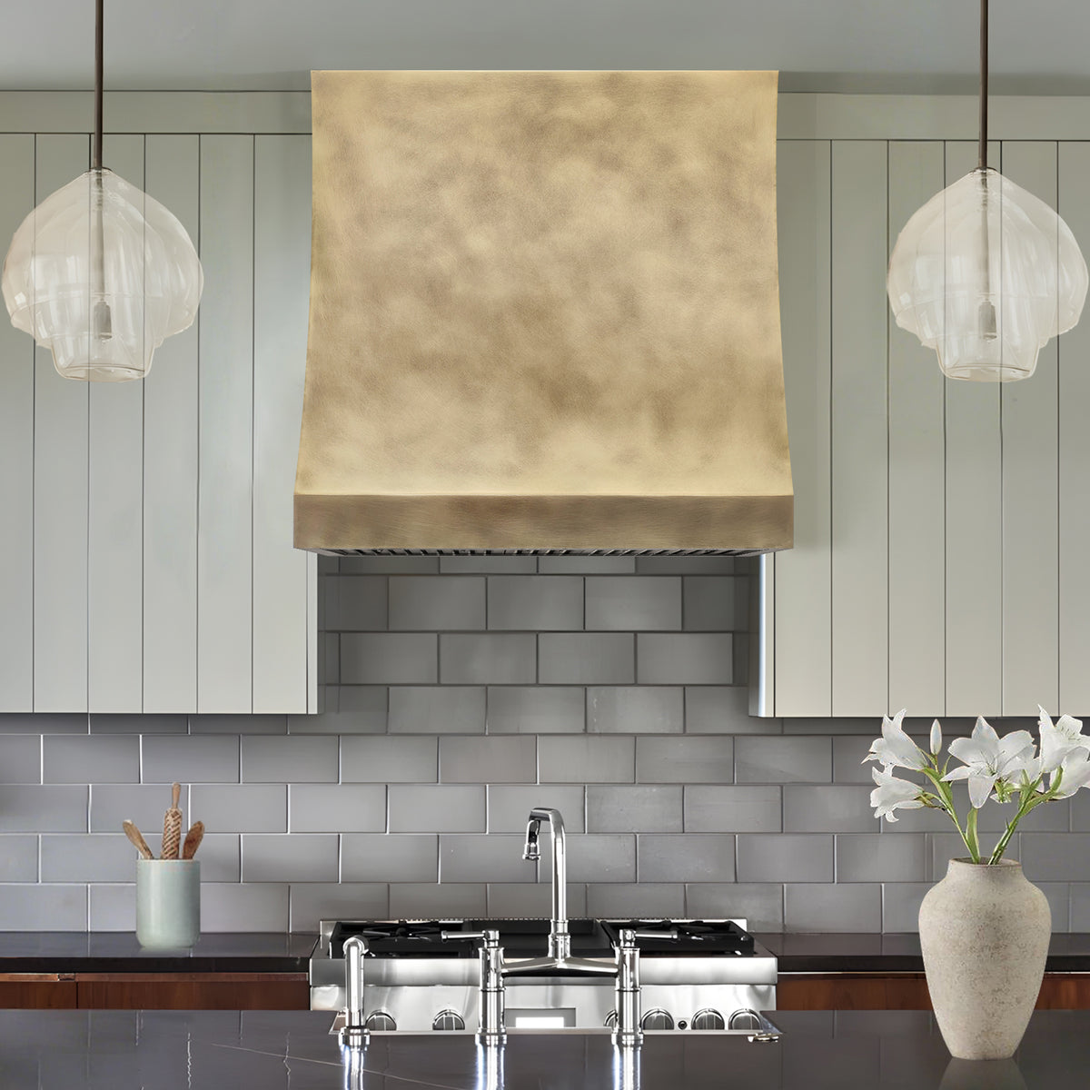 Fobest Custom No-Directional Aged Brass Range Hood in Curved Square Design FSS-572