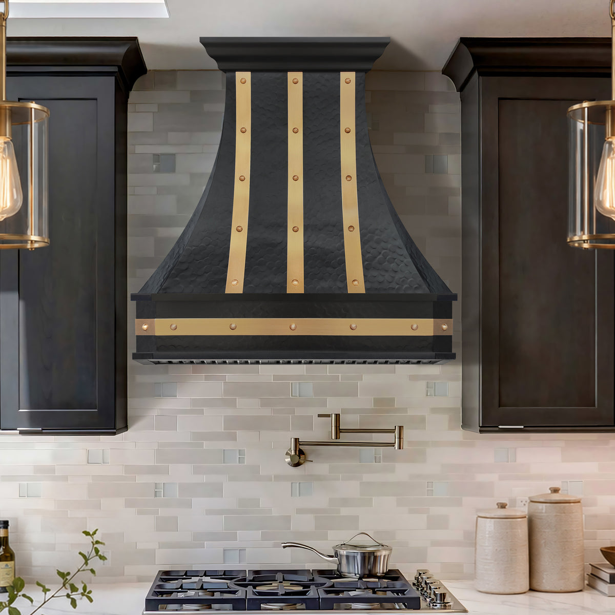 Fobest Custom Oil Rubbed Bronze Range Hood with Brass Straps & Rivet Details FCP-371
