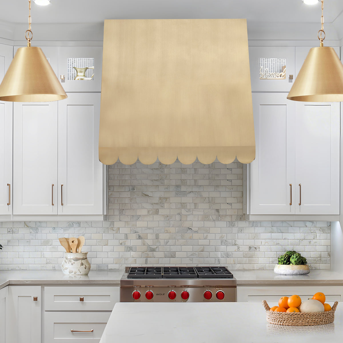 Fobest Custom Sloped Brushed Brass Range Hood with Scalloped Edge FSS-601