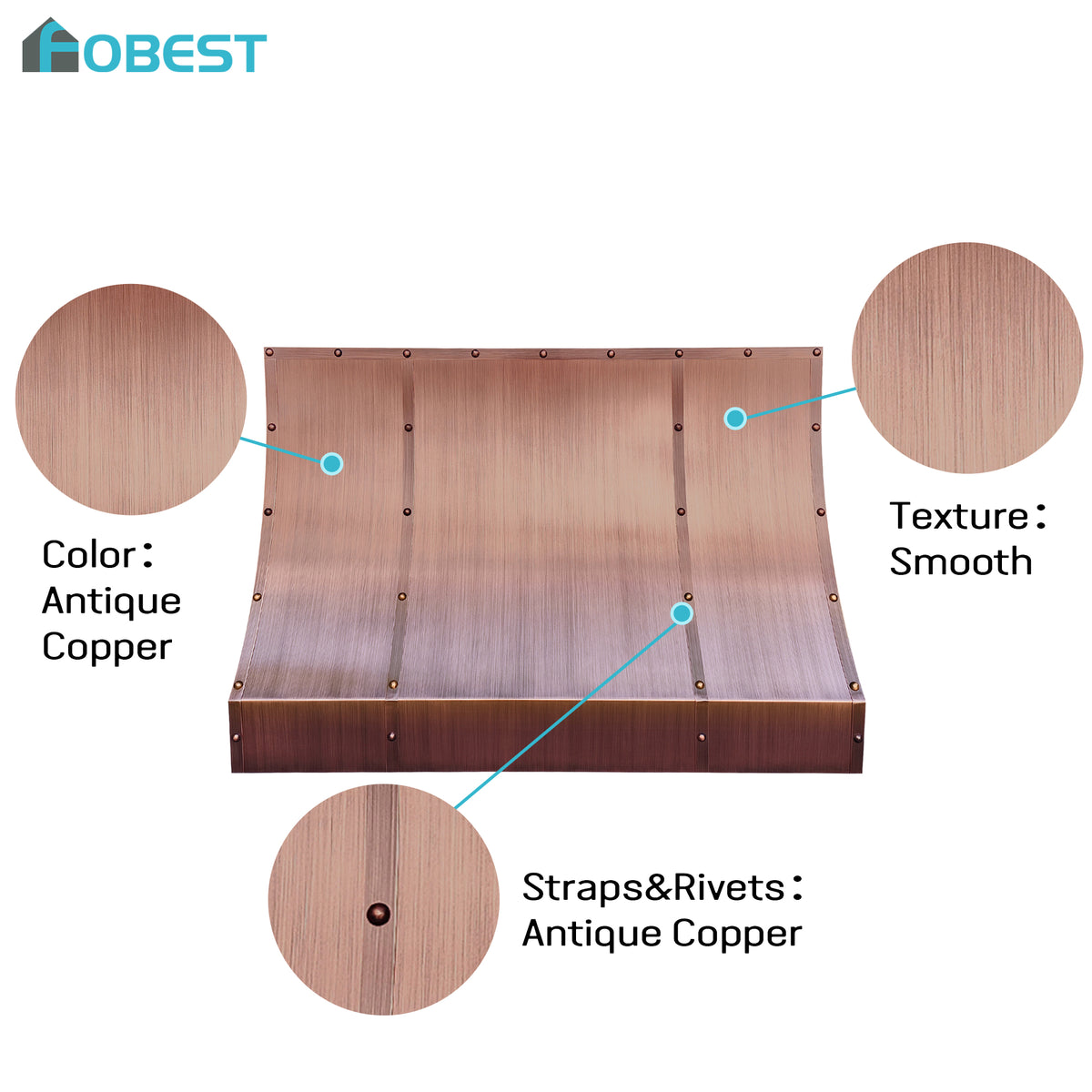 Fobest Custom Sloped Copper Range Hood with Inset Design and Rivet Detail FCP-355