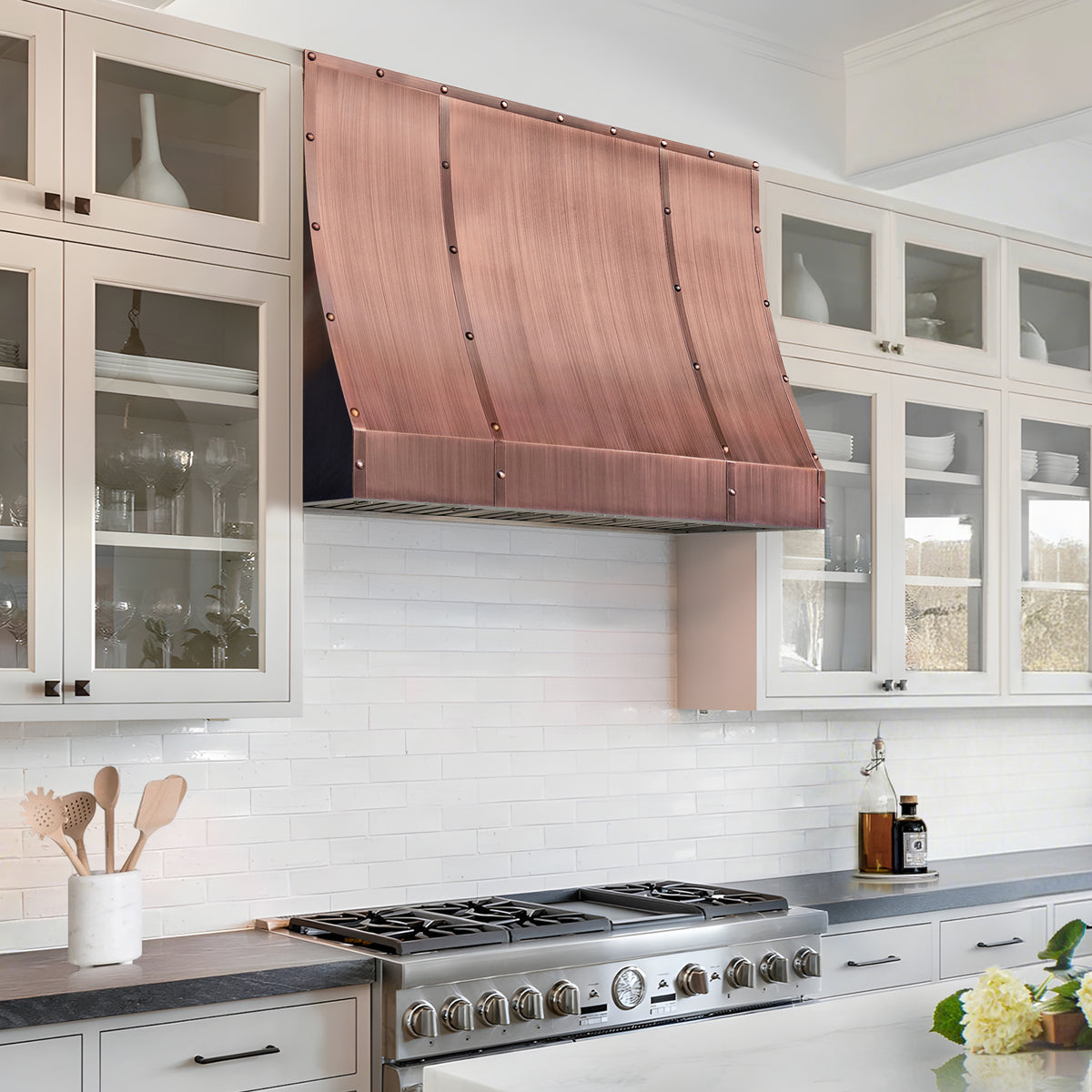 Fobest Custom Sloped Copper Range Hood with Inset Design and Rivet Detail FCP-355