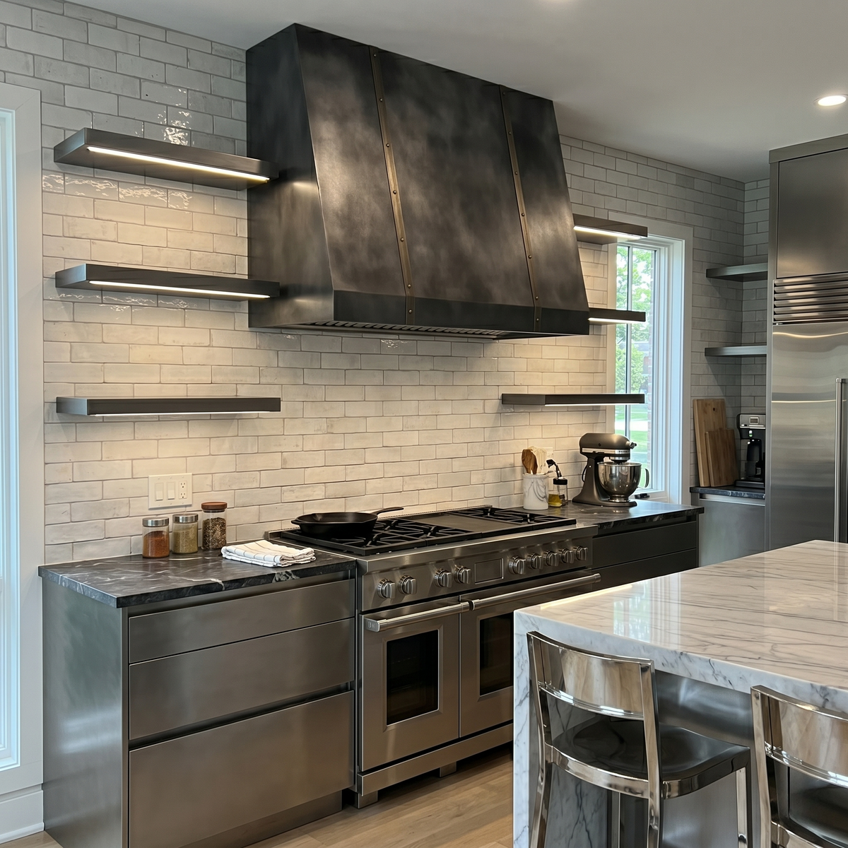 Fobest Custom Sloped Dark Zinc Range Hood with Aged Brass Detailing FSS-588