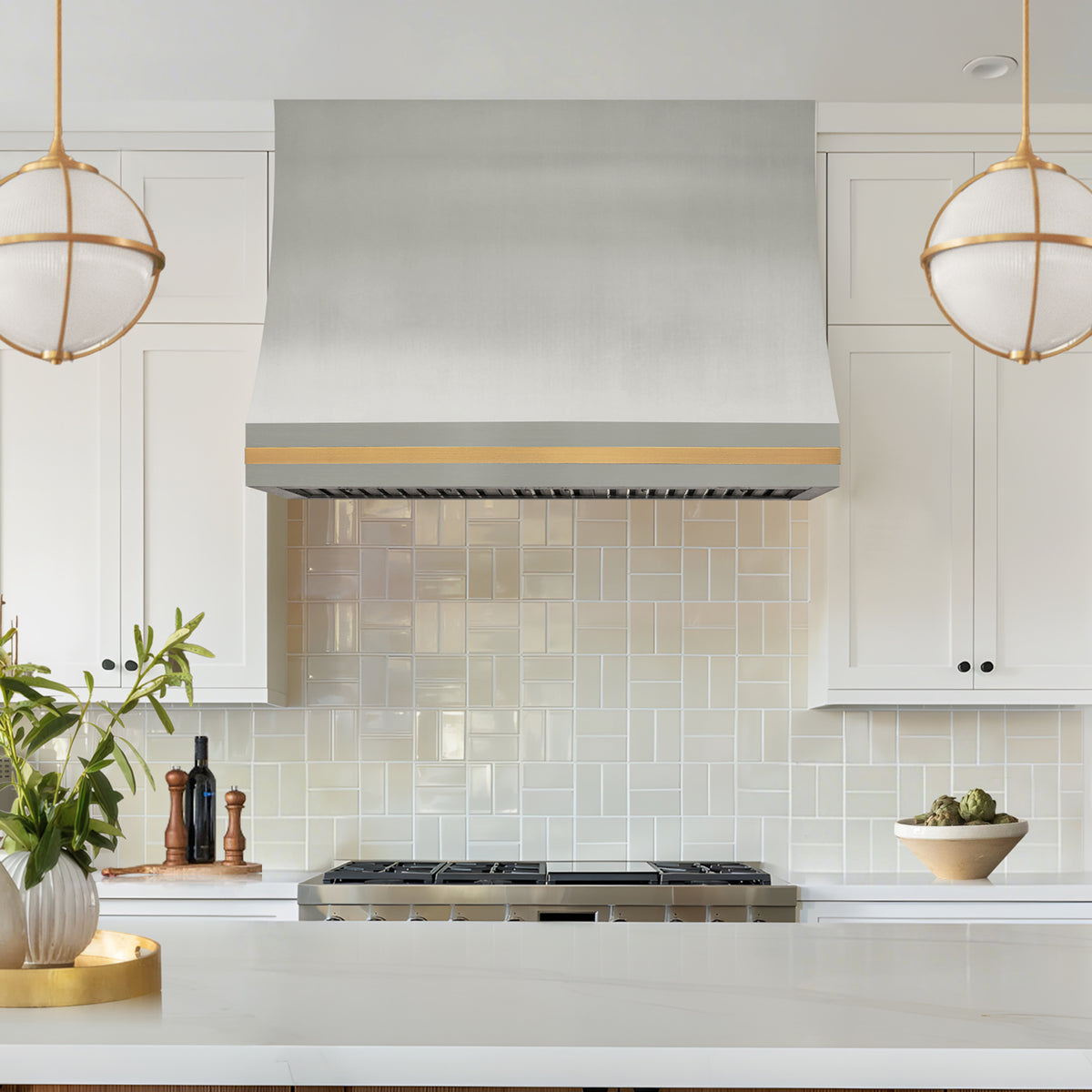 Fobest Custom Stainless Steel Range Hood with Signature Brass Straps FSS-598